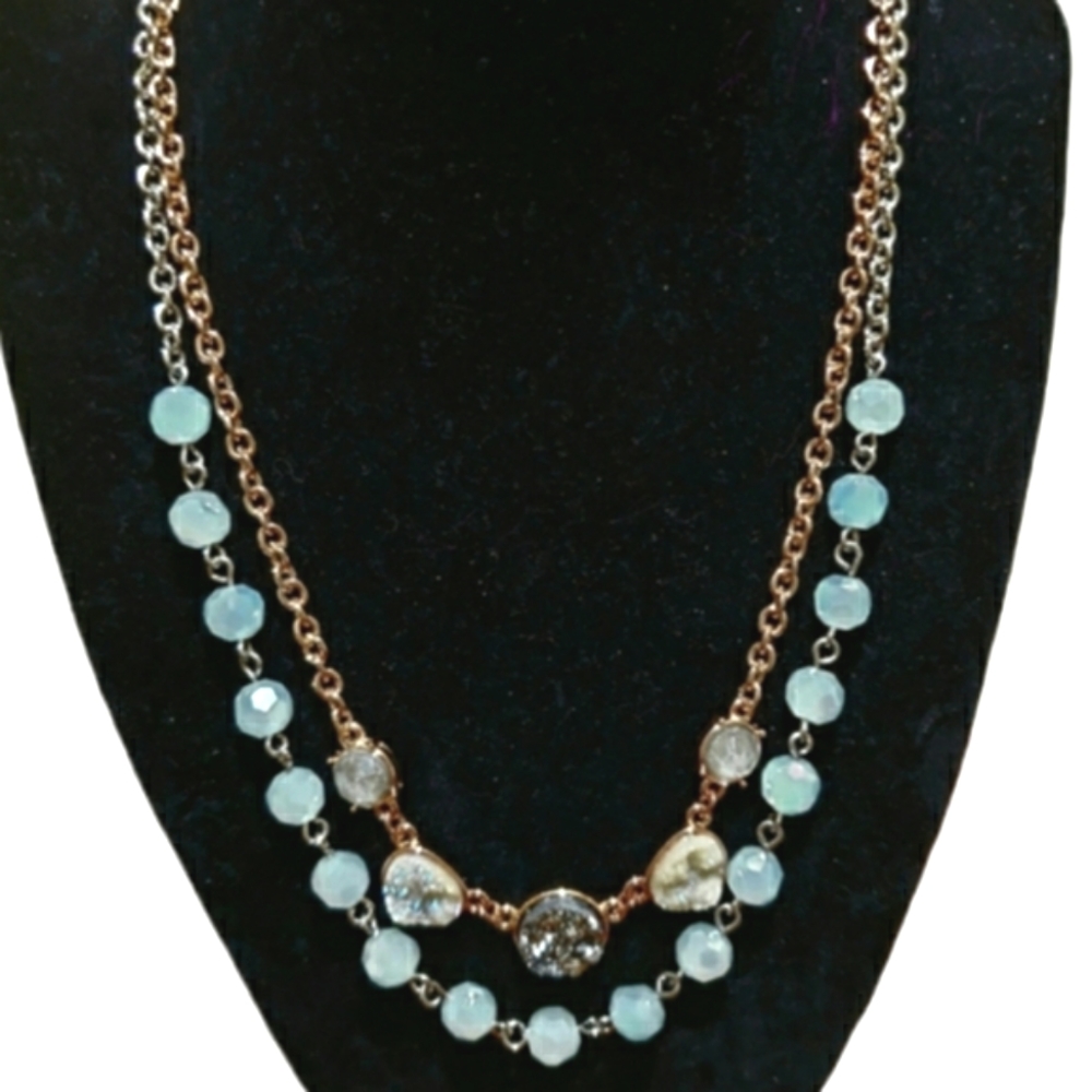 NWT Lydell NYC Layered Necklace with Druzy Beads Silver Blue Gold